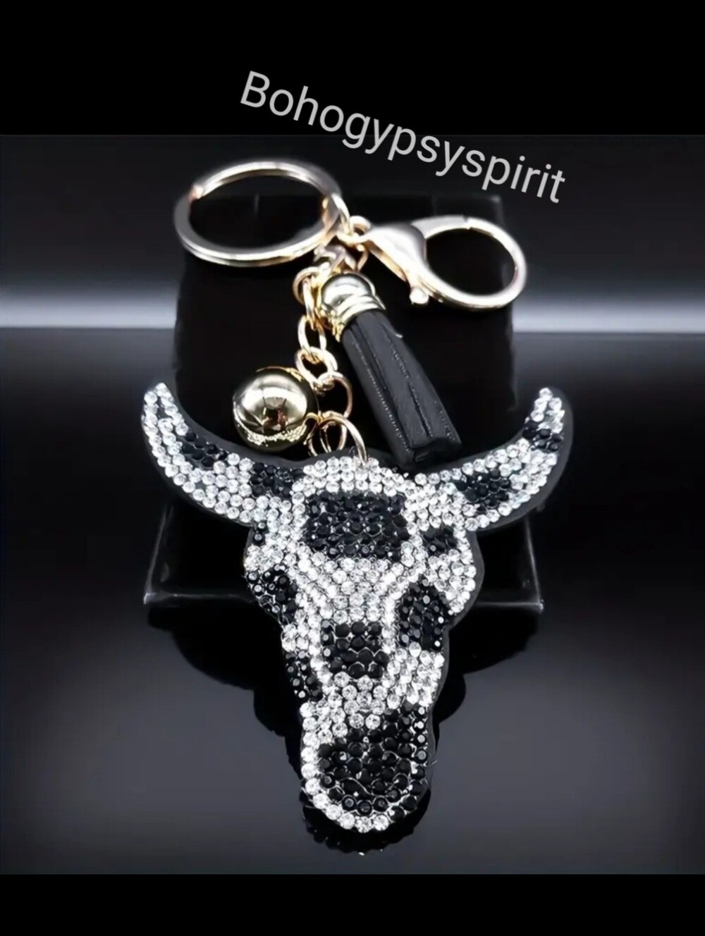 Western Longhorn Cow Rhinestone Keychain Bag Charm With Black Tassel